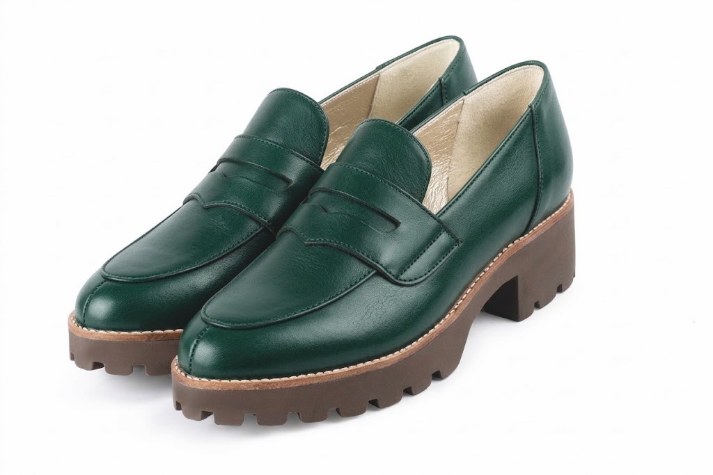 Step out in modern chunky loafers featuring durable lug soles, offering lightweight support, extra grip and bold everyday style, in forest green leather with round toe and chunky rubber lug sole